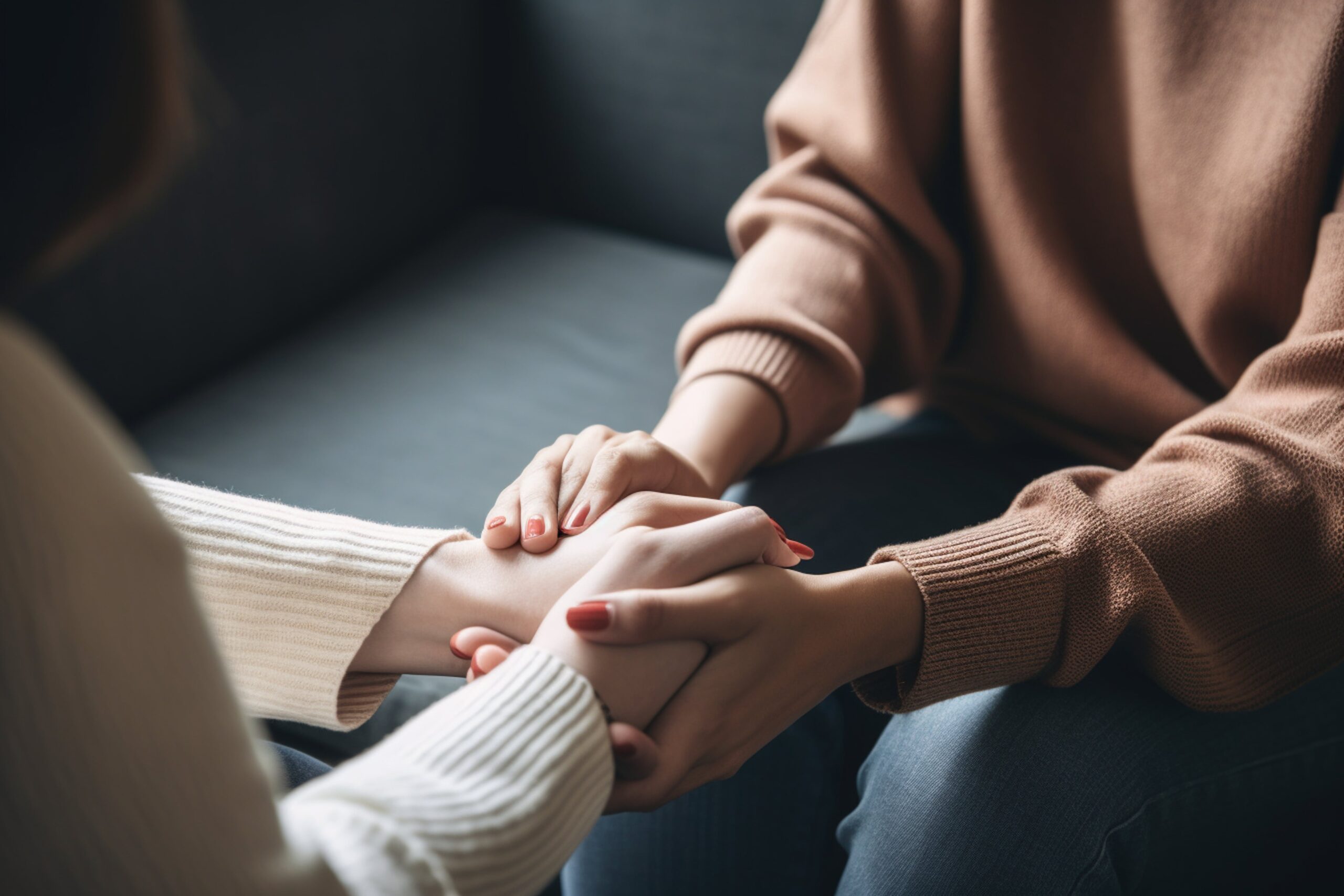 Two people holding hands in a supportive conversation