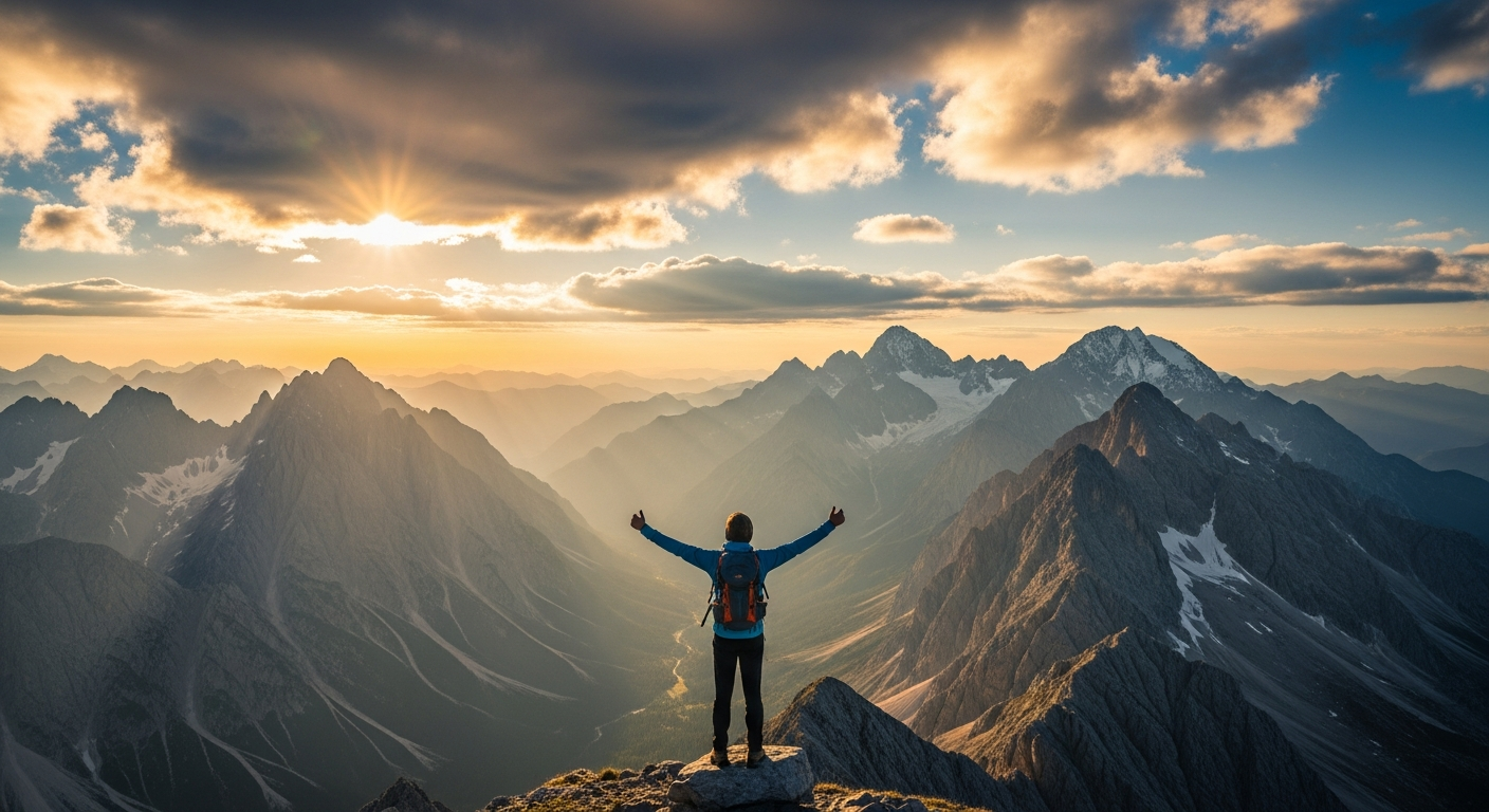 Person standing at a mountain summit beneath a wide open sky