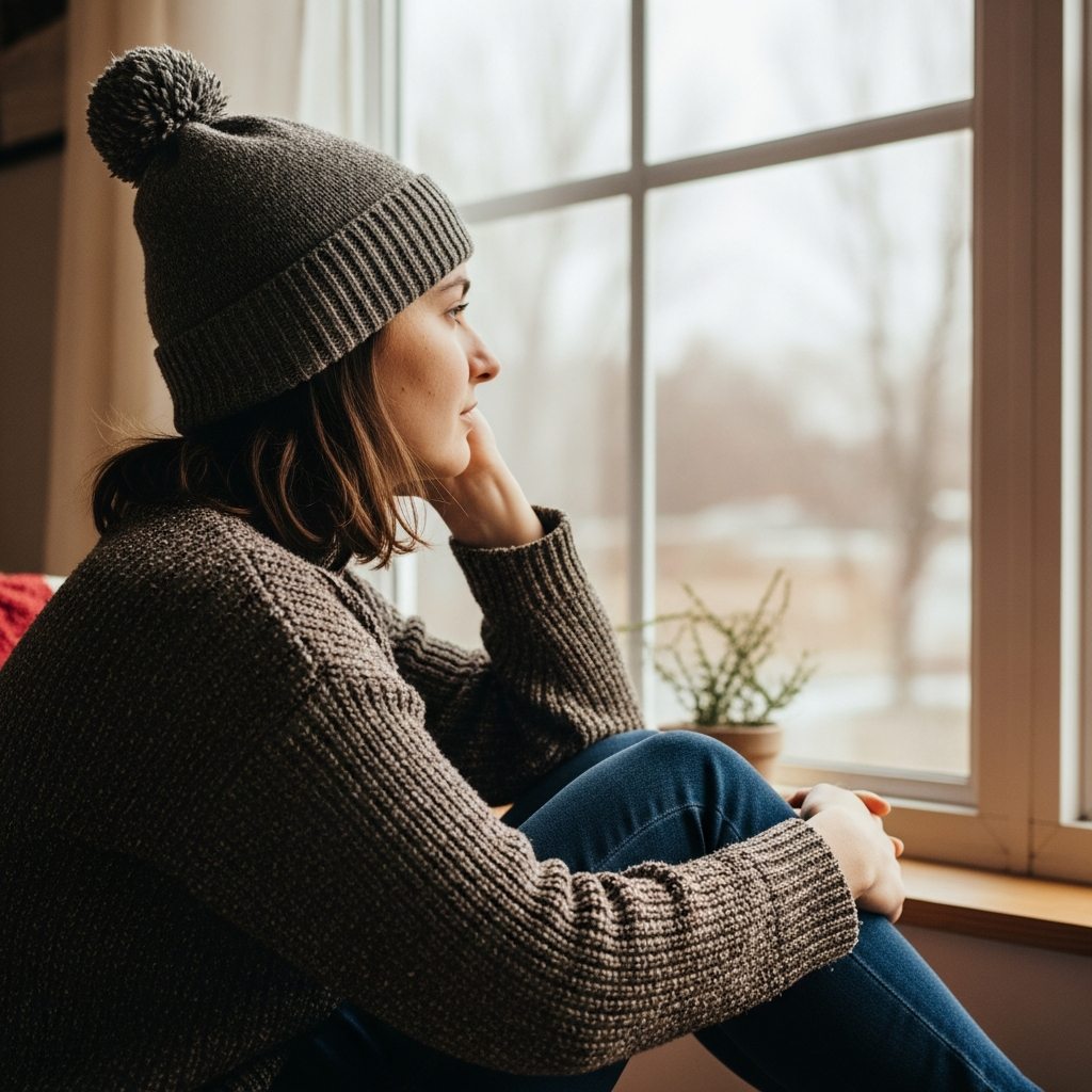 Calm, thoughtful person looking out a window