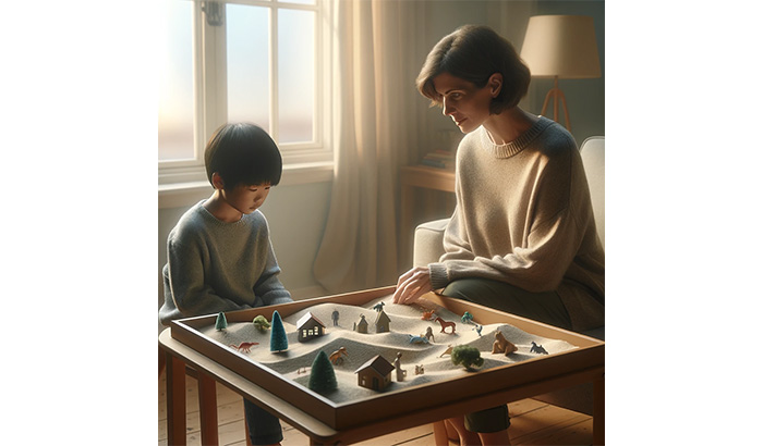 A woman and child happily playing with a wooden toy train set in Sandtray Therapy session